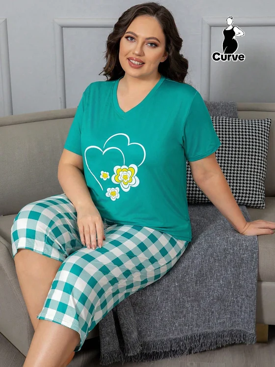 Green floral-graphic top with green-and-white gingham capri bottoms