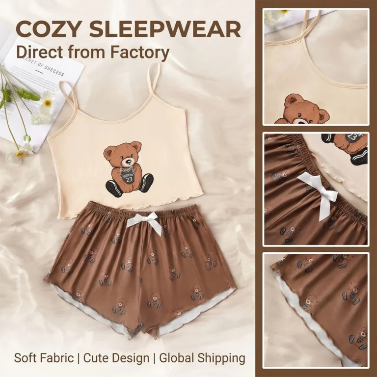 Cream Bear Camisole Short Set in cream & brown
