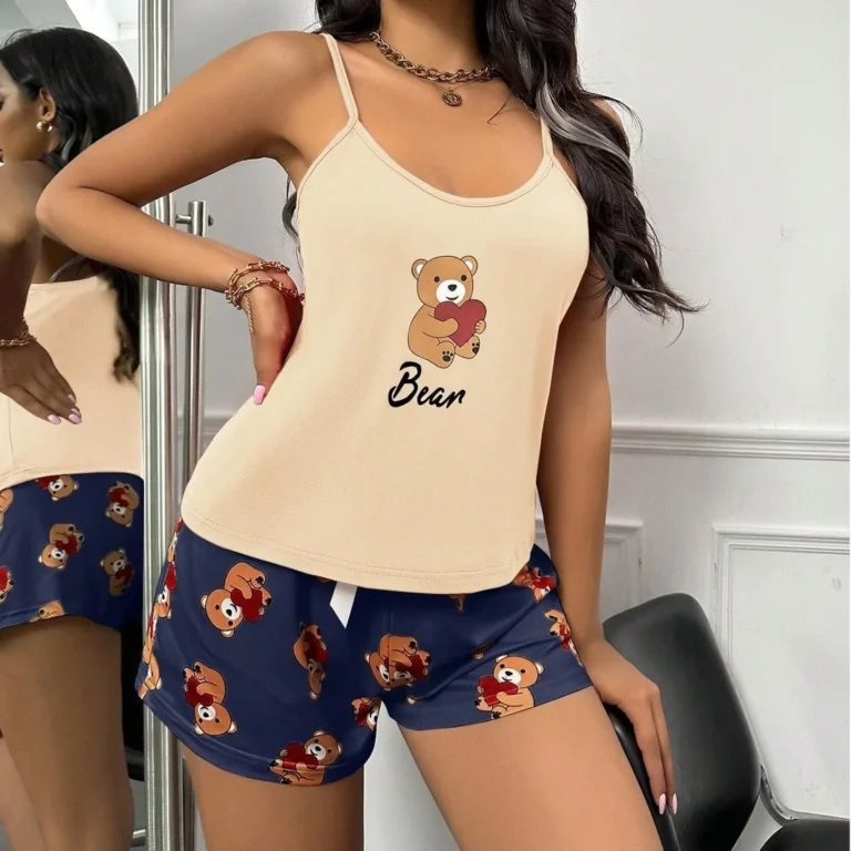 Beige Bear Camisole Short Set in beige & navy