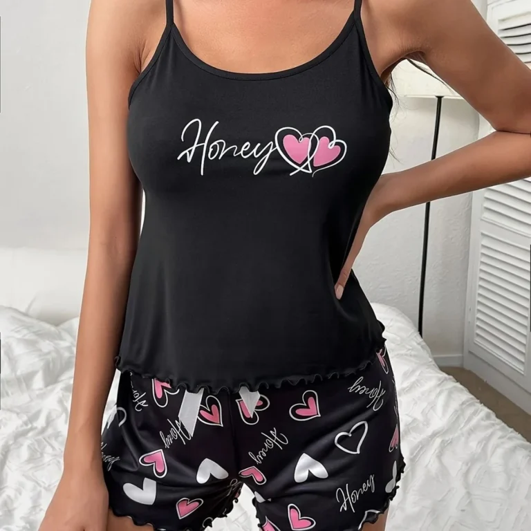 Black Honey Heart Camisole Set in black & pink