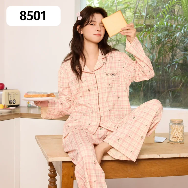 Women's pink check button-front pajamas in pink