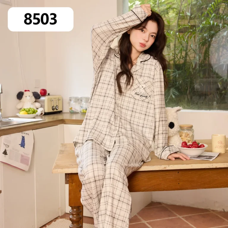 Women's grey windowpane button-front pajamas in grey