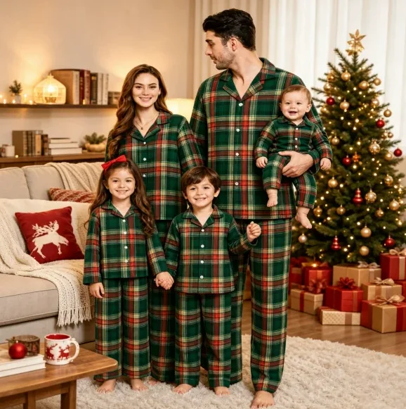 Green Tartan Matching Family Pajamas in green & red