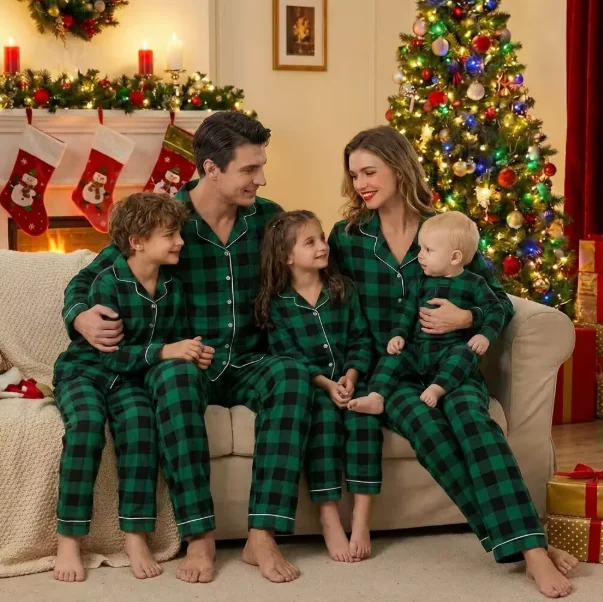 Forest Check Matching Family Pajamas in forest green & black