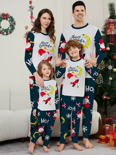 Navy Christmas Graphic Family Pajamas in white & navy