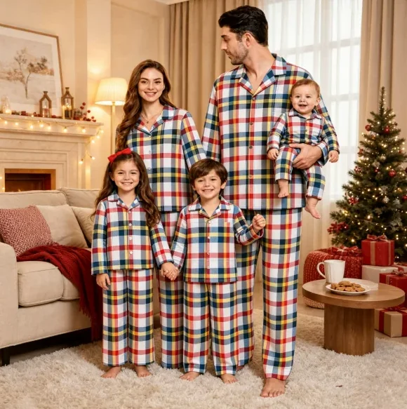 Multicolour Check Family Pajamas in white & multicolour