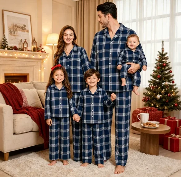 Blue Check Matching Family Pajamas in blue & grey