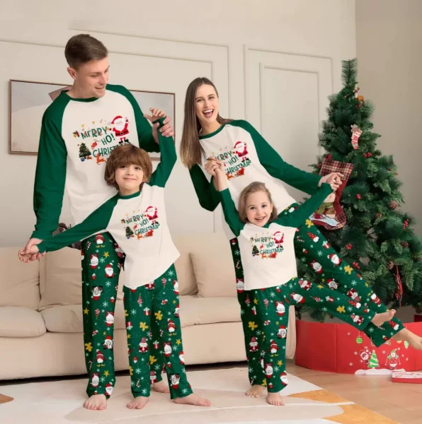 Green Raglan Christmas Family Pajamas in white & green