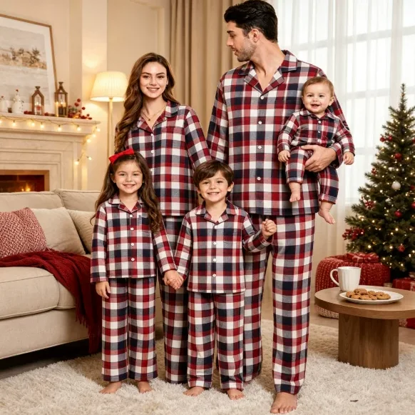 Classic Tartan Matching Family Pajamas in cream & red