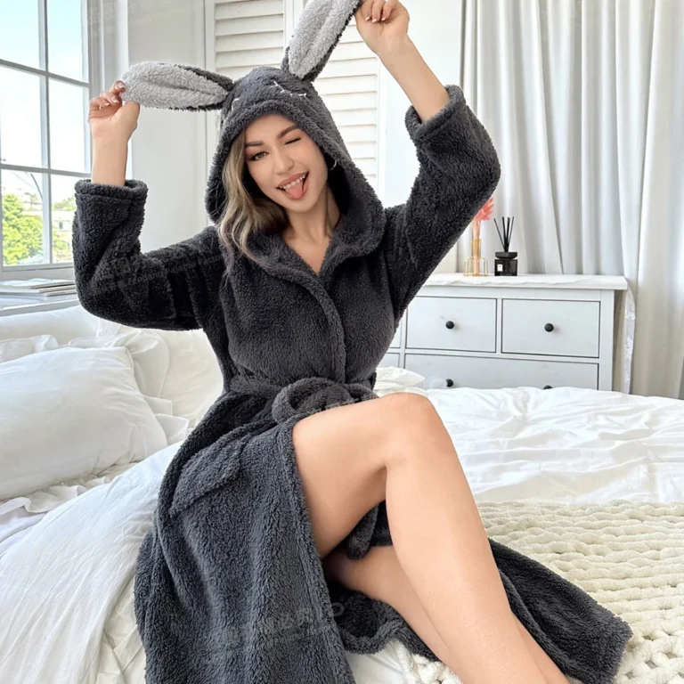 Charcoal Bunny-Ear Hooded Robe in charcoal grey