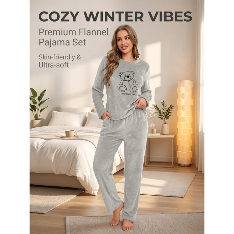 Bear Graphic Cozy Pajama Set — Grey