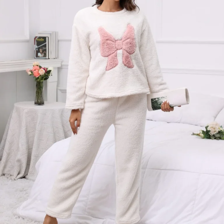White Pink-Bow Cozy Pajamas in white & pink