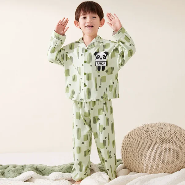 Sage Panda Button-Front Kids Pajamas in sage green
