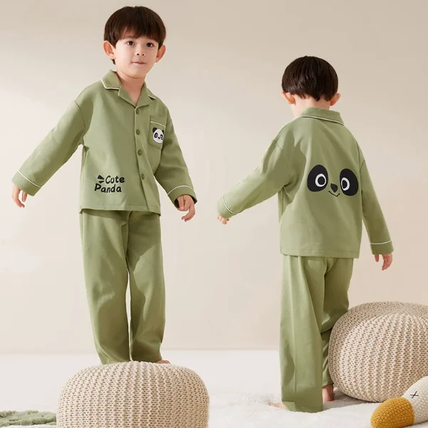Olive Panda Button-Front Kids Pajamas in olive green