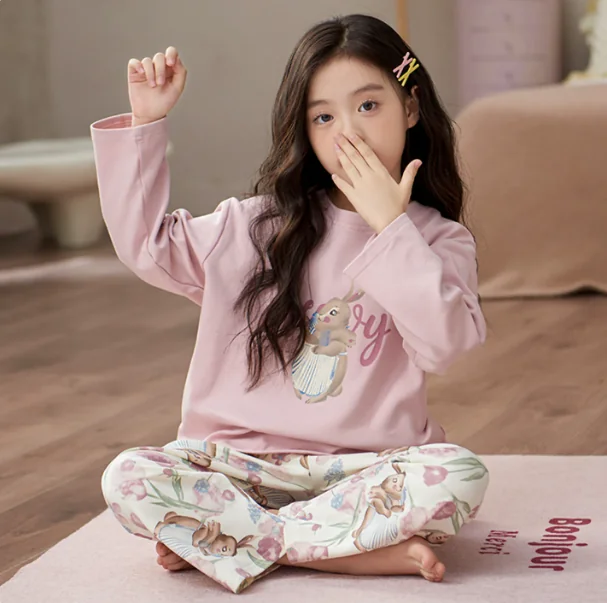 Pink Floral Graphic Kids Pajamas in pink