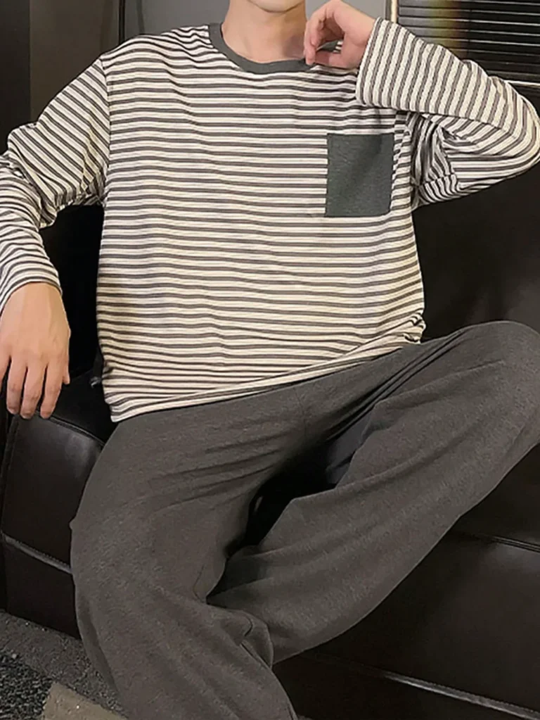 Cream Stripe Long Pajama Set in cream & charcoal