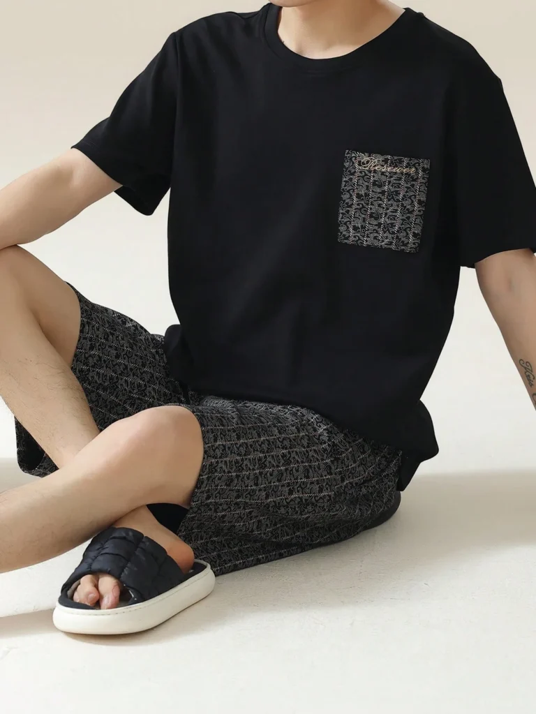 Black Texture-Pocket Short Pajamas in black & grey
