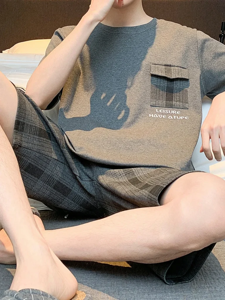 Grey Check-Pocket Short Pajamas in grey