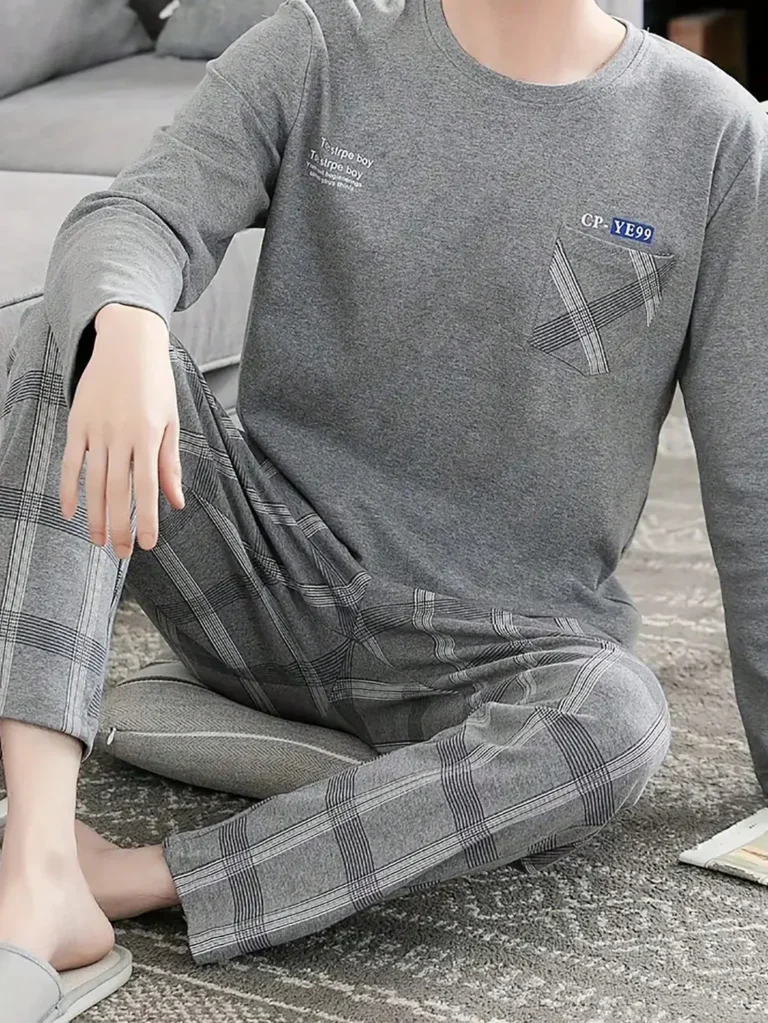 Grey Check-Pocket Long Pajamas in grey