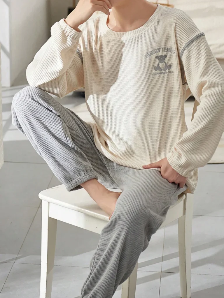 Cream Grey-Check Long Pajamas in cream & grey