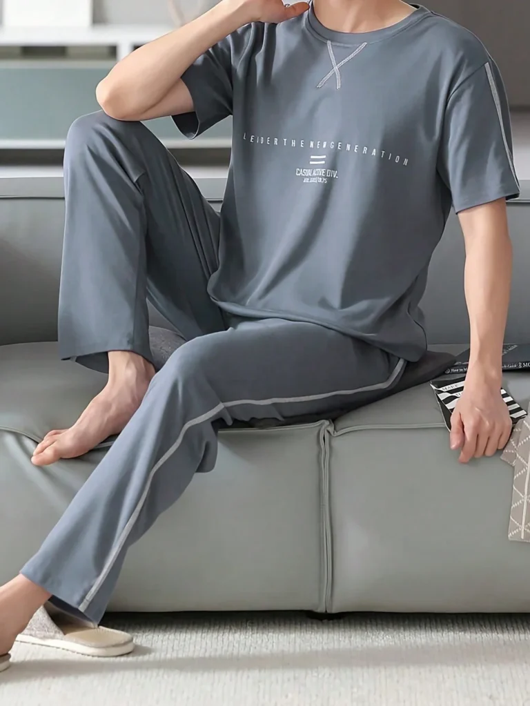 Charcoal Lettering Long Pajamas in charcoal grey