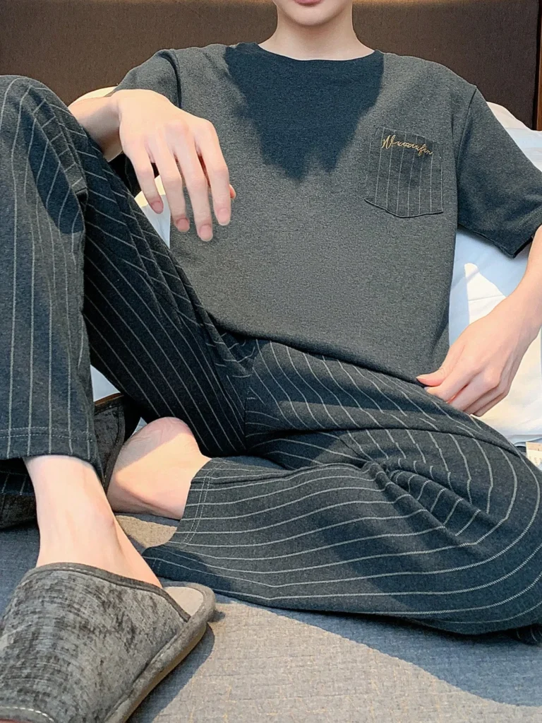 Charcoal Pinstripe Long Pajamas in charcoal grey