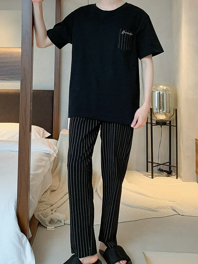 Black Fine-Check Long Pajamas in black & grey