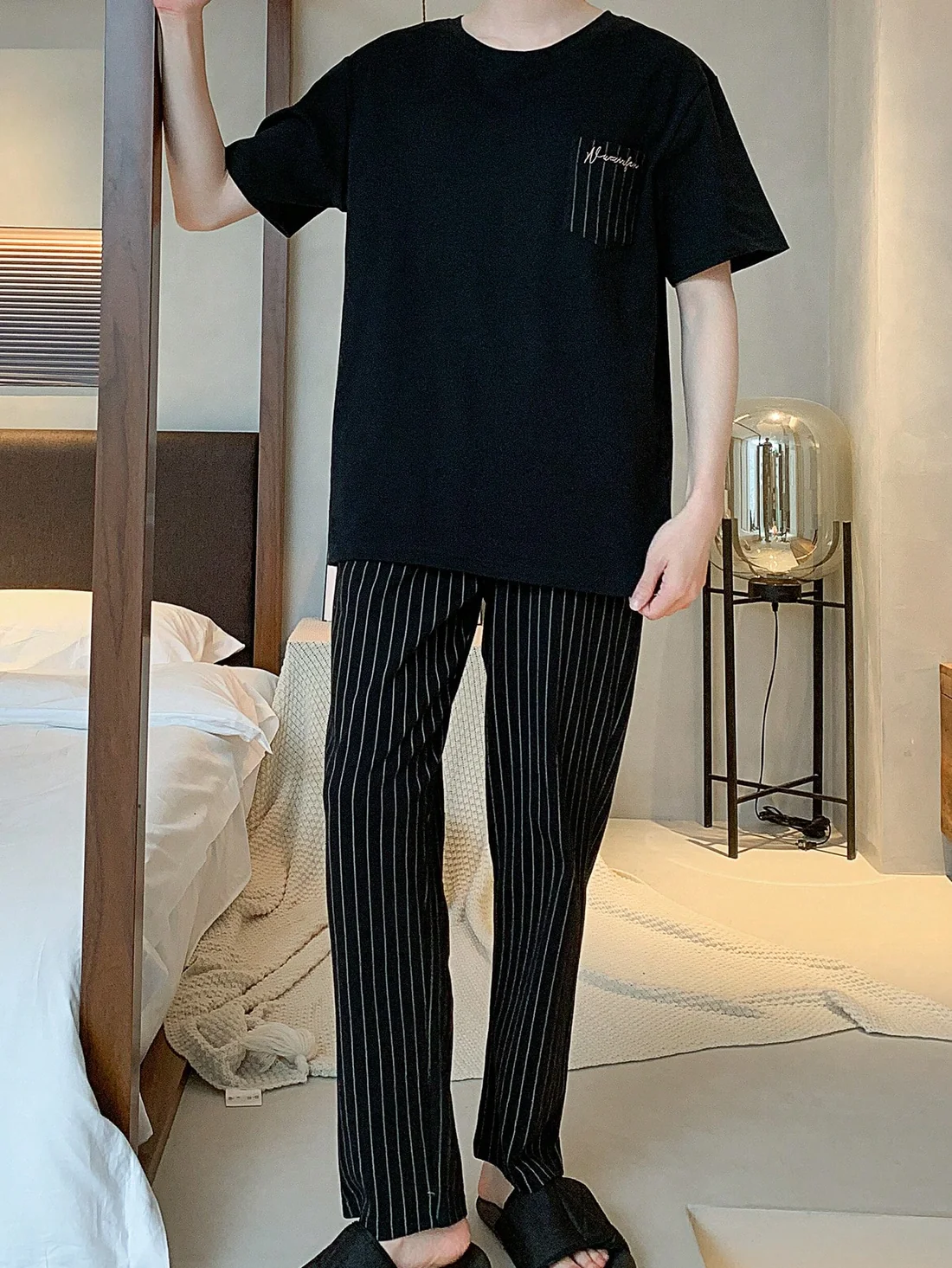 Black Fine-Check Long Pajamas in black & grey