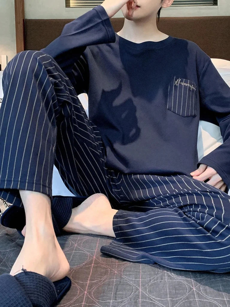 Navy Pinstripe Long Pajamas in navy blue