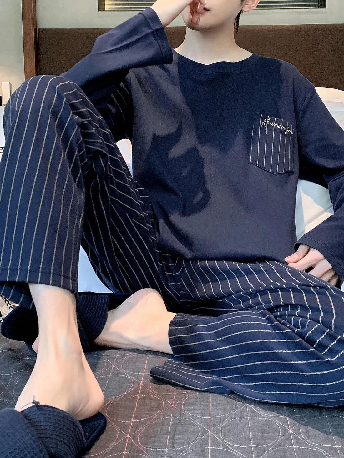 Navy Pinstripe Long Pajamas in navy blue