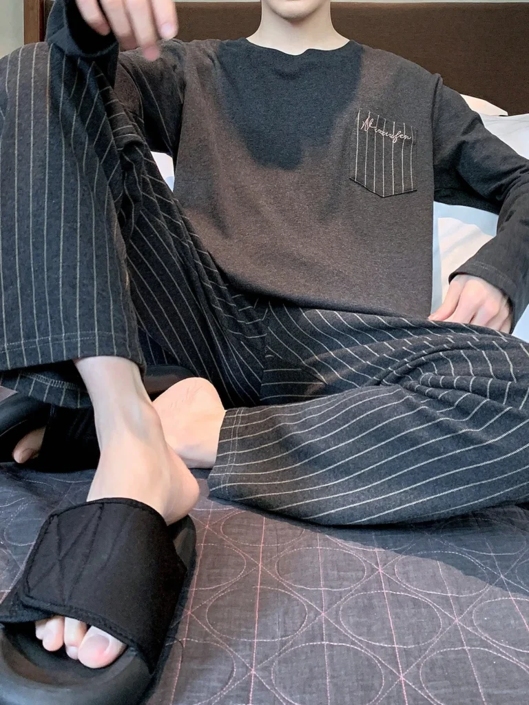 Charcoal Stripe-Pocket Long Pajamas in charcoal grey