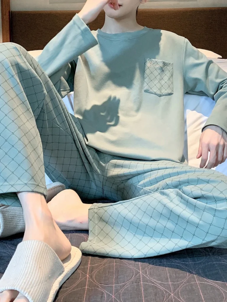 Aqua Check-Pocket Long Pajamas in aqua blue