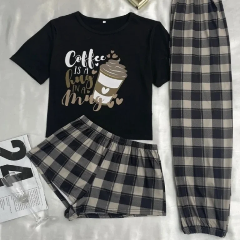 Coffee Graphic Three-Piece Pajama Set in black & grey