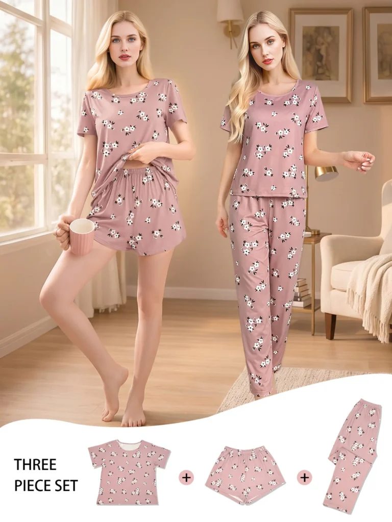 Dusty Pink Character Three-Piece Pajamas in dusty pink