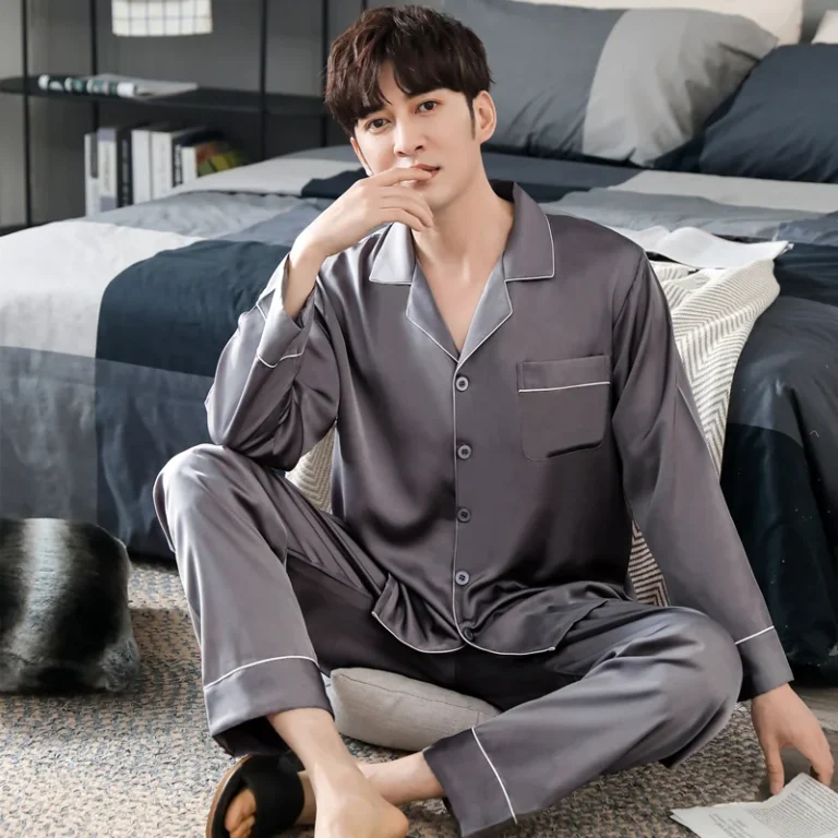 Men’s taupe piped button-front pajamas in taupe