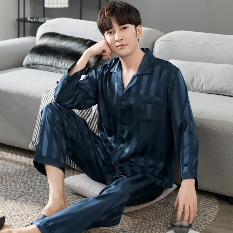 Men’s navy stripe button-front pajamas in navy blue