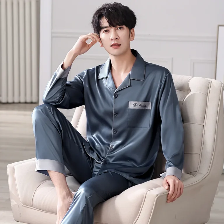 Men’s blue grey pocket button-front pajamas in blue grey
