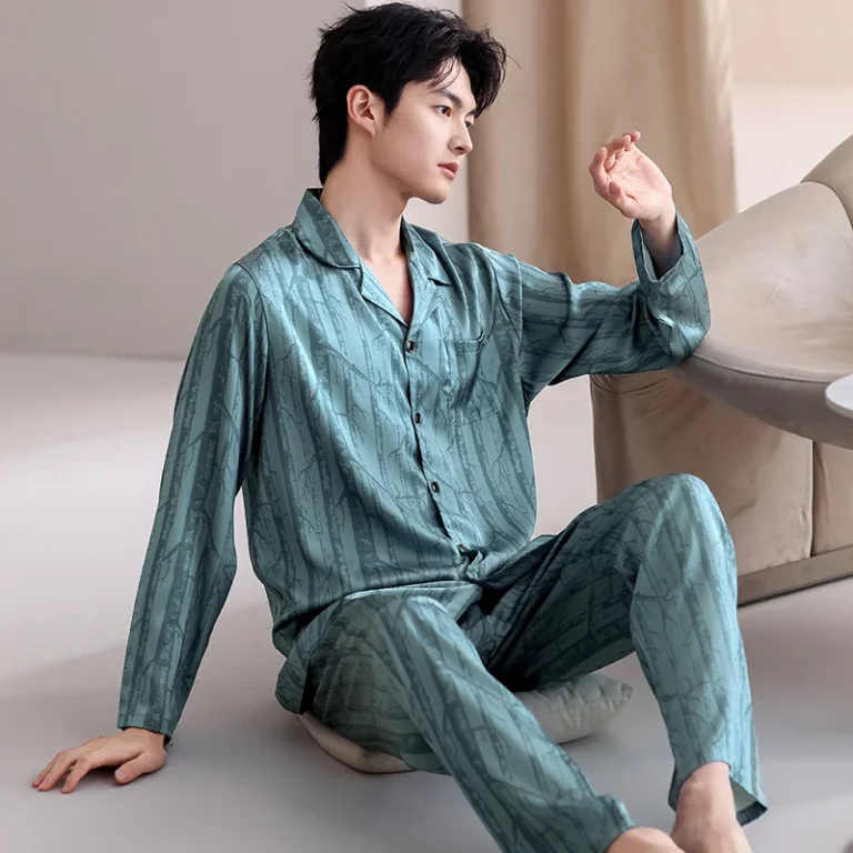 Men’s teal stripe button-front pajamas in teal green