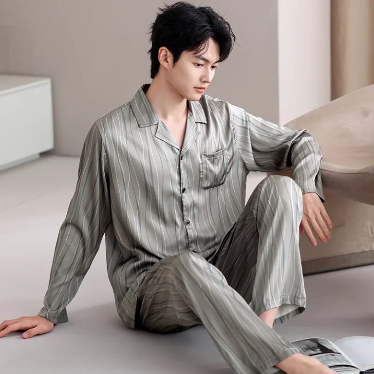 Men’s grey stripe button-front pajamas in grey