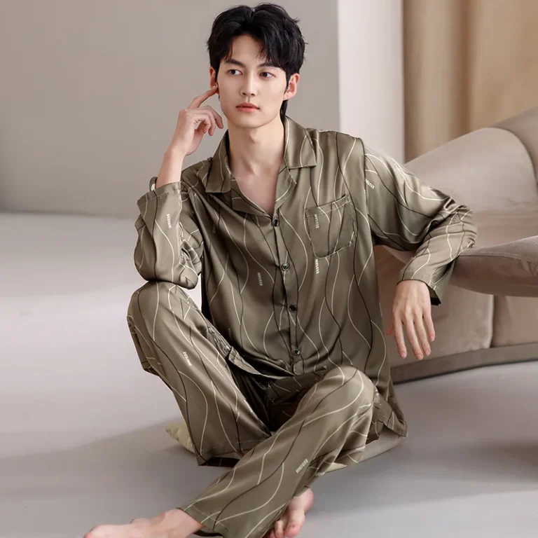 Men’s olive stripe button-front pajamas in olive green