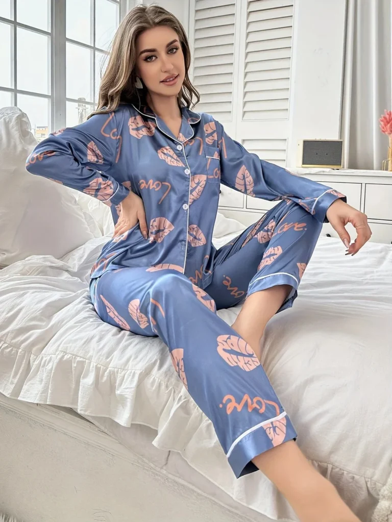 Blue Butterfly Button-Front Pajamas in blue