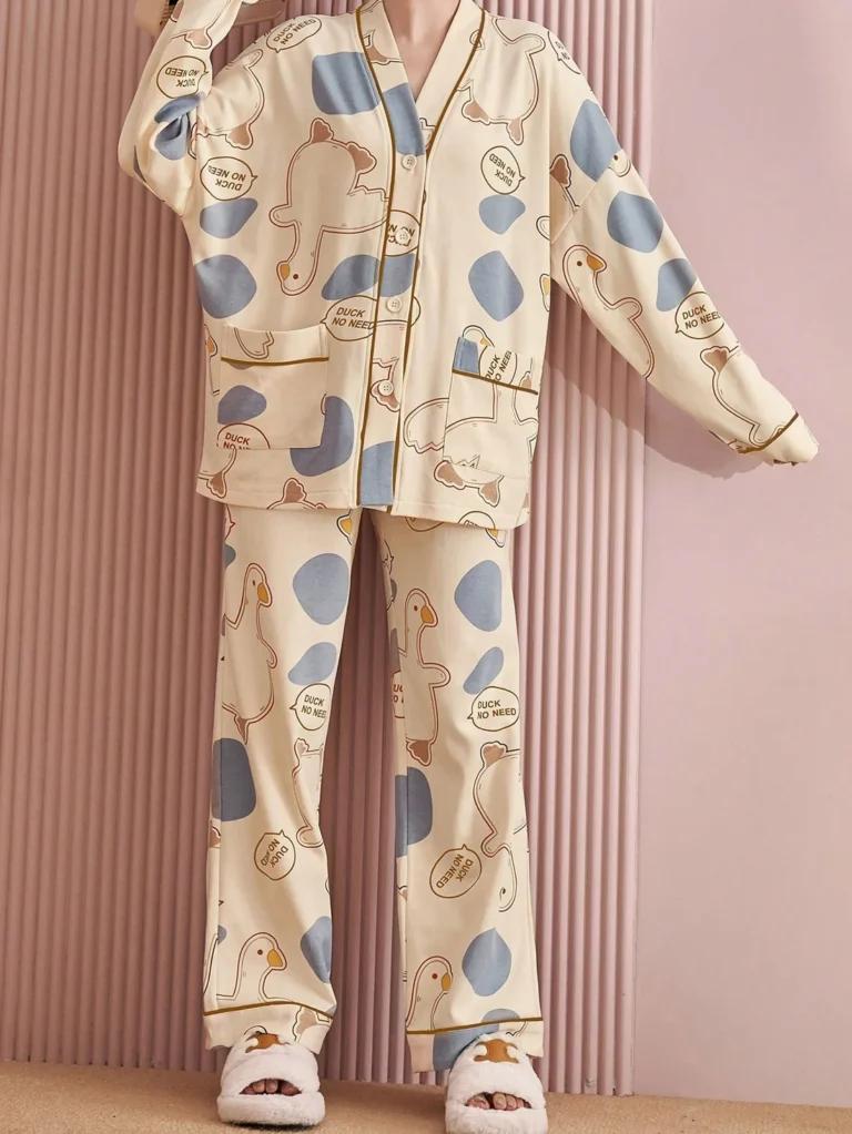Cream Abstract Button-Front Pajamas in cream & blue