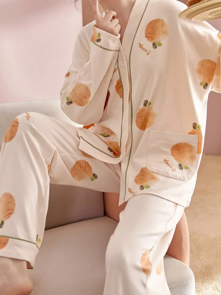 Cream Peach Button-Front Pajamas in cream & peach