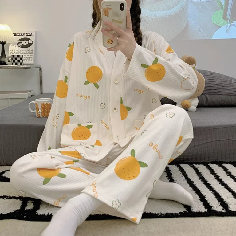 Citrus Button-Front Pajama Set in cream & yellow