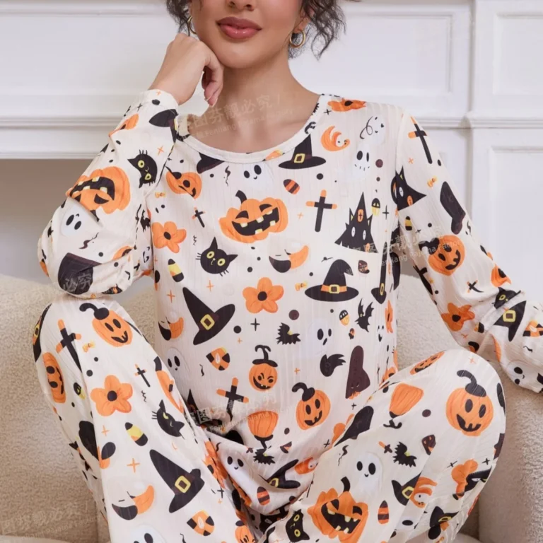 White Halloween Long Pajamas in white & orange