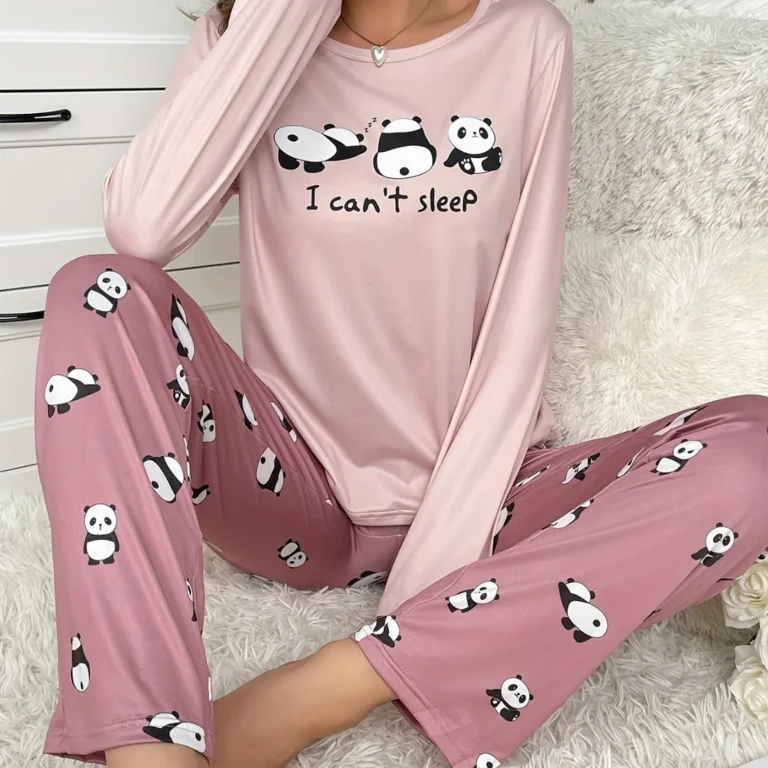 Pink Panda Long Pajama Set in pink & black