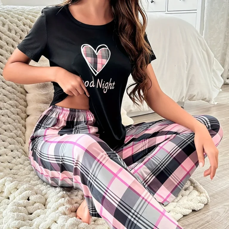 Black Pink-Check Short-Sleeve Pajamas in black & pink