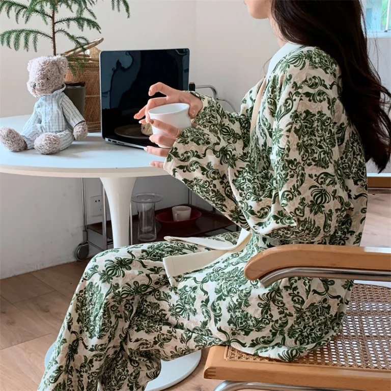 Green Botanical Pajama Set in white & green