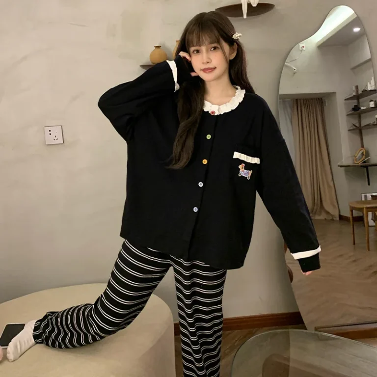 Black Contrast-Trim Pajamas in black & cream