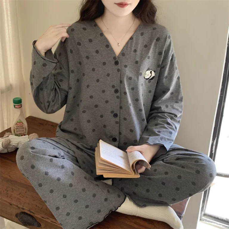 Grey Dot Button-Front Pajamas in grey